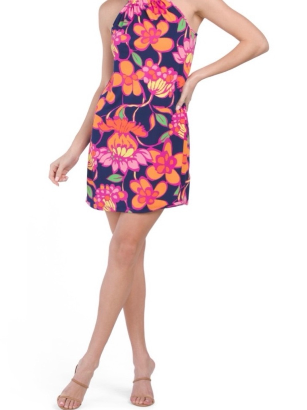 Trina Turk Navy Floral Halter Mini Dress with Pink and Orange Flowers